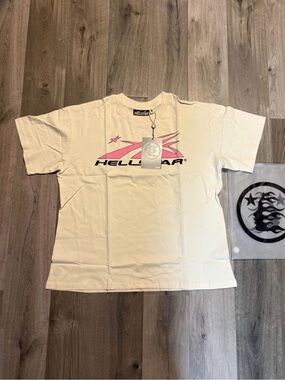 Hellstar Logo Graphic Tee in Cream with Pink Accent